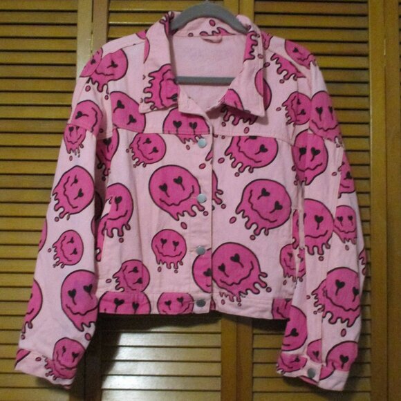 Smiley Face Jacket Denim pink button down, warm & unique size L - Picture 1 of 10